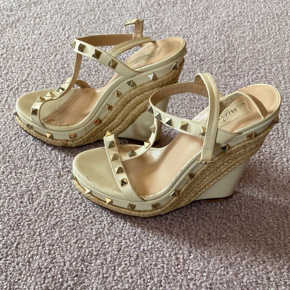 Valentino Garavani Shoes - Valentino Garavani Cream Espadrille Wedge Sandals with Gold Studs